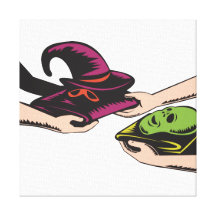 Hands Exchanging Halloween Mask Retro Stretched Canvas Print