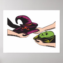 Hands Exchanging Halloween Mask Retro Print