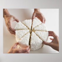 Hands pulling slices from cake poster