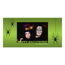 Hanging spiders black green Halloween greeting photo cards