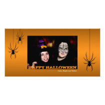 Hanging spiders black orange Halloween greeting photo cards