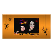 Hanging spiders black orange Halloween greeting Photo Cards