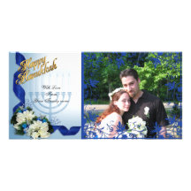 Hanukkah Photo Card blue ribbons floral