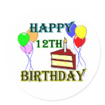 Happy 12th Birthday with Cake, Balloons and Candle Round Sticker