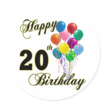 Happy 20th Birthday with Balloons Round Sticker