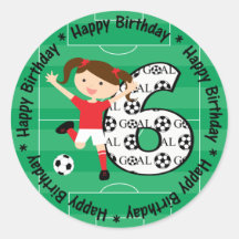 Happy 6th Birthday Red and White Soccer Girl Round Stickers