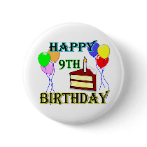 Happy 9th Birthday with Cake, Balloons and Candle Pin