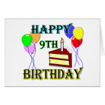 Happy 9th Birthday with Cake, Balloons and Candle Greeting Card