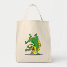 happy alligator crocodile cartoon dancing tote bags