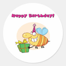 Happy Bee Carries Gift Round Stickers