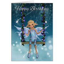 Happy Birthday cute fairy on flower swing, blues Greeting Cards