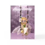 Happy Birthday cute fairy on flower swing, magical Greeting Cards