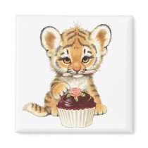Happy Birthday - Cute Tiger with Cupcake Refrigerator Magnets