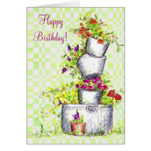 Happy Birthday Flower Bucket Cottage Garden Art Card