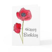 Happy Birthday Red Poppy Flower Botanical Art Greeting Cards
