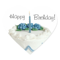 HAPPY BIRTHDAY STICKER BLUE AND WHITE W ONE CANDLE