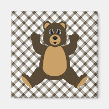Happy Brown Bear Cocoa Plaid Magnet