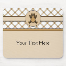 Happy Brown Bear Tan Plaid Mousepad