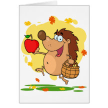 happy cute hedgehog apple picking greeting card
