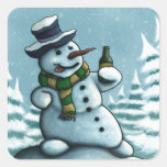 happy drinking snowman square sticker