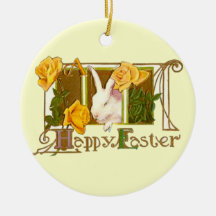 Happy Easter Bunny with Yellow Roses Christmas Ornament