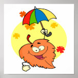 happy fall leaf with umbrella cartoon posters