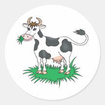 happy grazing cow round sticker