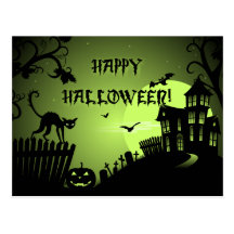 Happy Halloween Black Cat Haunted House Post Cards