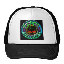 Happy Halloween Skull blue BLACK bg Hats