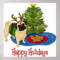 Happy Holidays Chritmas Reindeer Pug Posters
