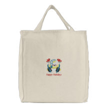 Happy Holidays embroidered snow bear tote bag