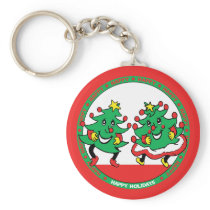 Happy Holidays Funny Dancing Christmas Trees Key Chain