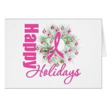 Happy Holidays Pink Ribbon Wreath Greeting Card
