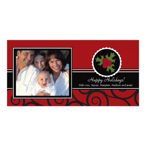 Happy Holidays Unique Red & Black Holly Customized Photo Card