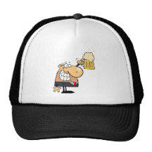 happy man cartoon celebrating with beer mesh hat
