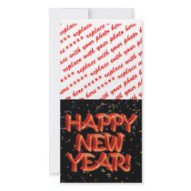 Happy New Year Glassy Red Text Customized Photo Card