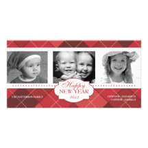 Happy New Year Red Argyle Holiday Photo Card