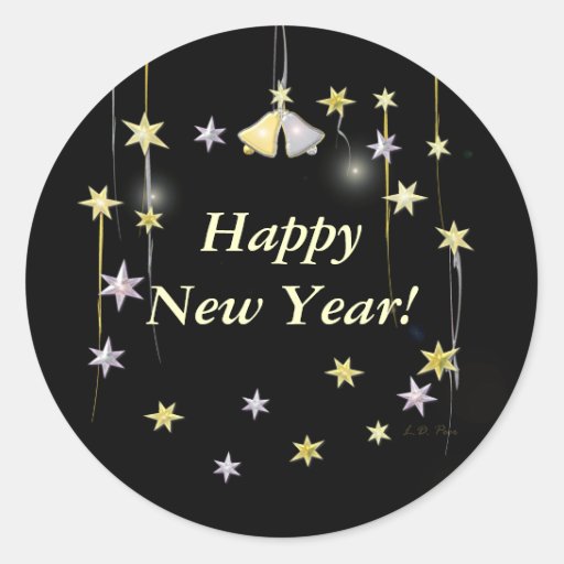 Happy New Year Stars on Black Round Sticker | Zazzle