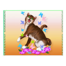 Happy Orange Cat and Soft Butterflies postcard