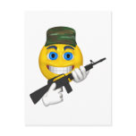 Happy smiley with a machine gun wearing a hat postcards