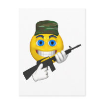 Happy smiley with a machine gun wearing a hat postcards