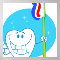 Happy Smiling Tooth With Toothbrush Print