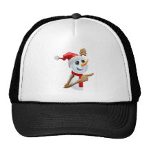 Happy snowman in Santa hat pointing