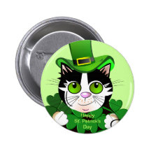 Happy St Patrich's day button with green eyed cat