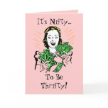 Happy Thrifty Lady Money in Hand Savings Gifts Greeting Cards