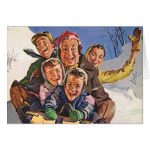 Happy Vintage Family Sledding on Christmas Day Cards
