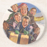 Happy Vintage Family Sledding on Christmas Day Drink Coaster