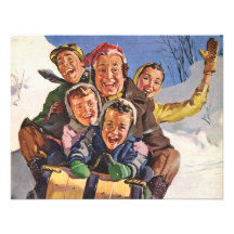 Happy Vintage Family Sledding on Christmas Day Invites