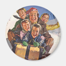 Happy Vintage Family Sledding on Christmas Day Refrigerator Magnet