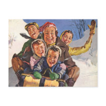 Happy Vintage Family Sledding on Christmas Day